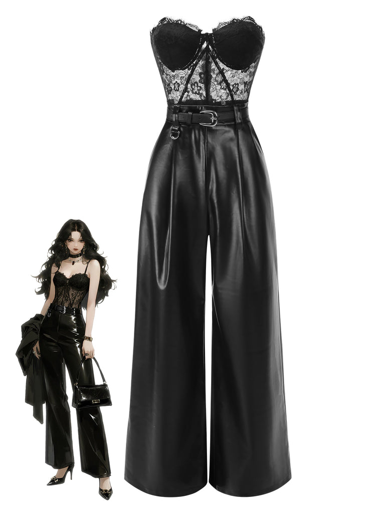 [Pre-Sale] Black 1930s Lace Leather Bandeau Jumpsuit