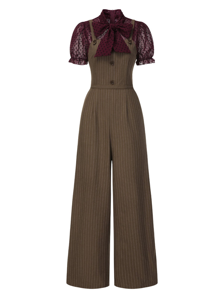 [Pre-Sale] Red 1930s Mesh Patchwork Vertical Stripe Jumpsuit