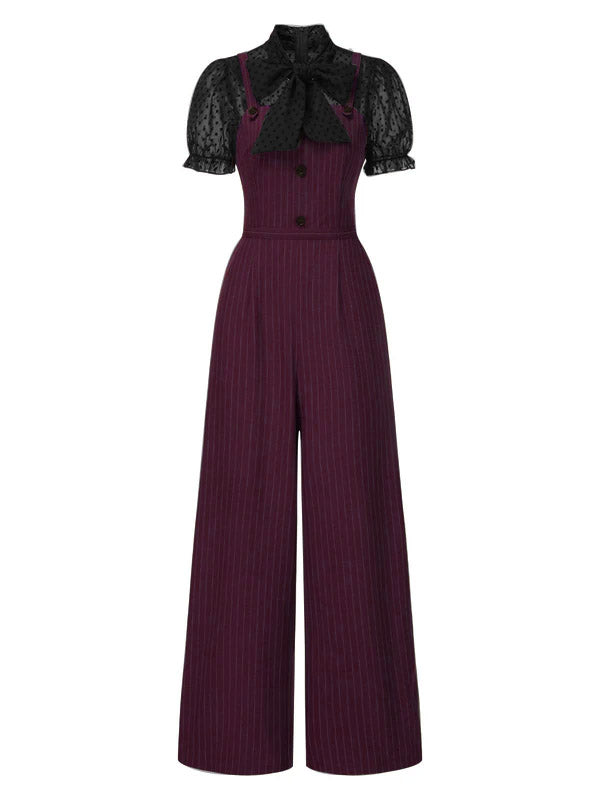 [Pre-Sale] Black 1930s Mesh Patchwork Vertical Stripe Jumpsuit