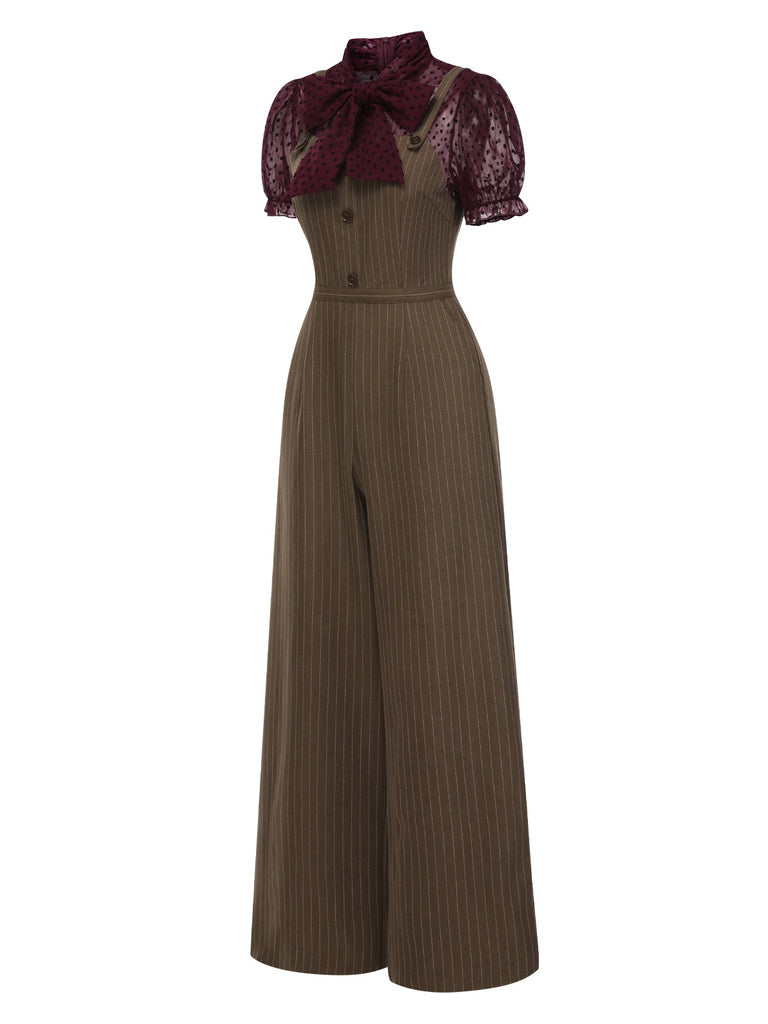 [Pre-Sale] Red 1930s Mesh Patchwork Vertical Stripe Jumpsuit