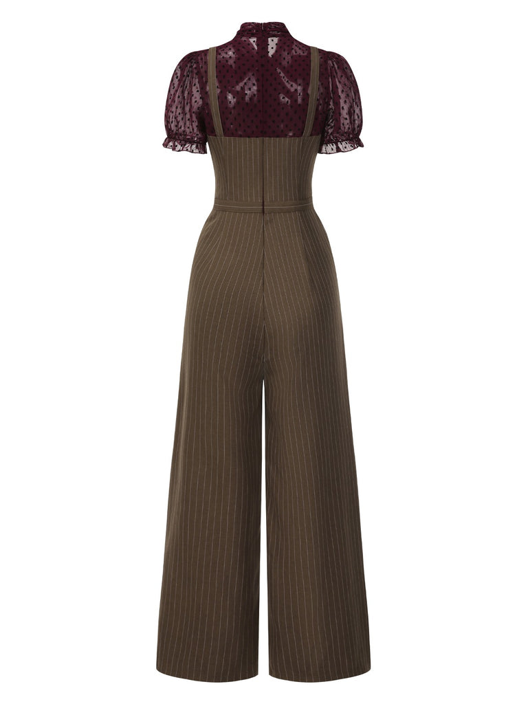 [Pre-Sale] Red 1930s Mesh Patchwork Vertical Stripe Jumpsuit