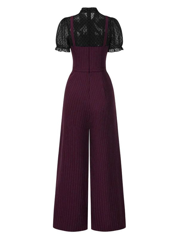 [Pre-Sale] Black 1930s Mesh Patchwork Vertical Stripe Jumpsuit