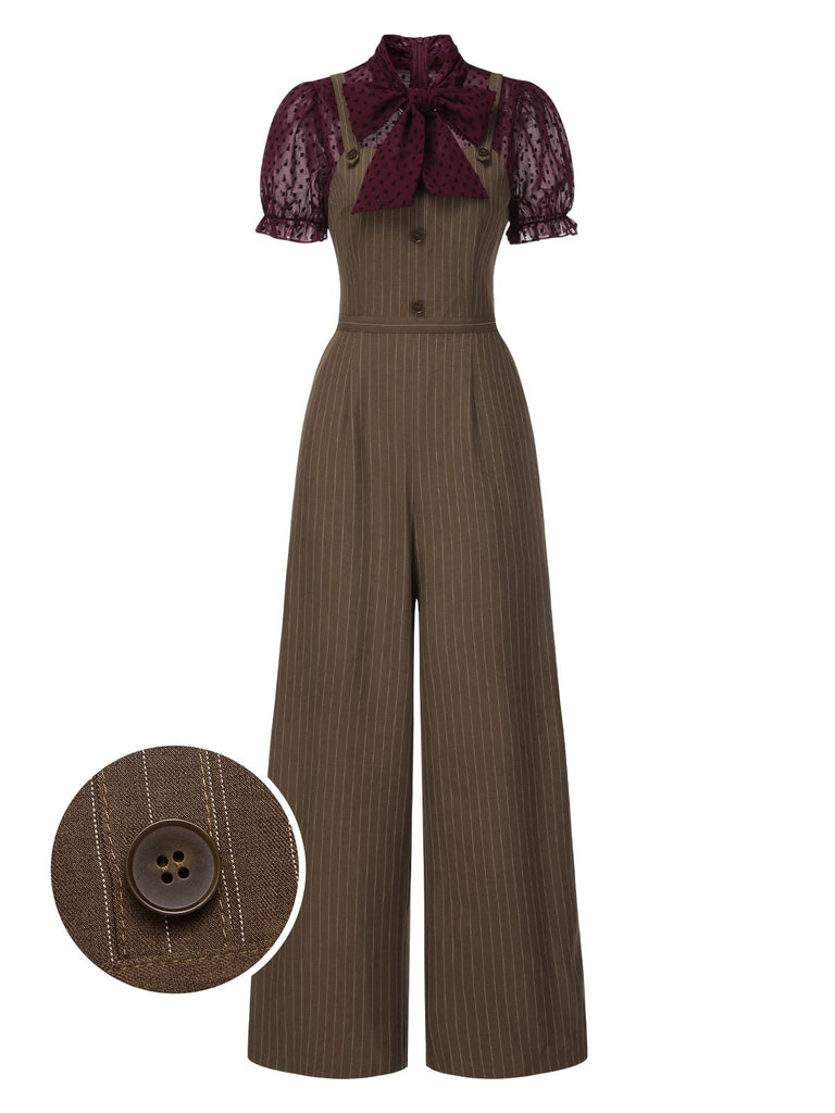 [Pre-Sale] Red 1930s Mesh Patchwork Vertical Stripe Jumpsuit