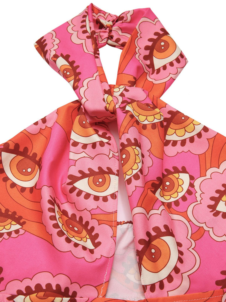 [Pre-Sale] Pink 1960s Halter Cutout Psychedelic Eye Jumpsuit
