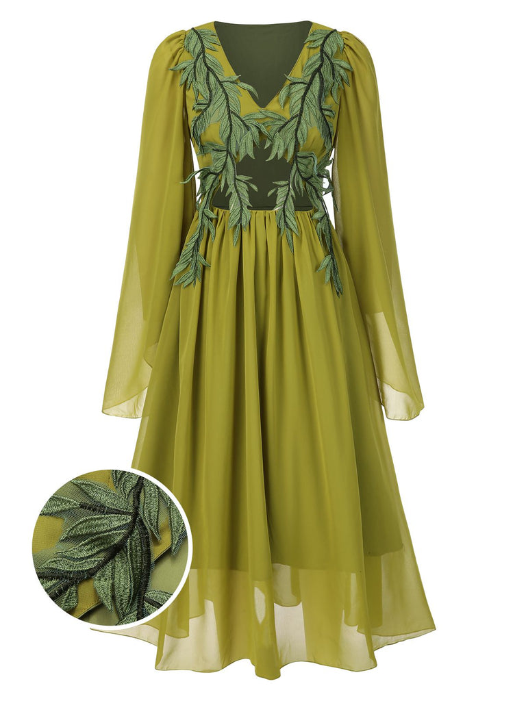 [Pre-Sale] Green Yellow 1970s Elf Fairy Embroidered Chiffon Dress
