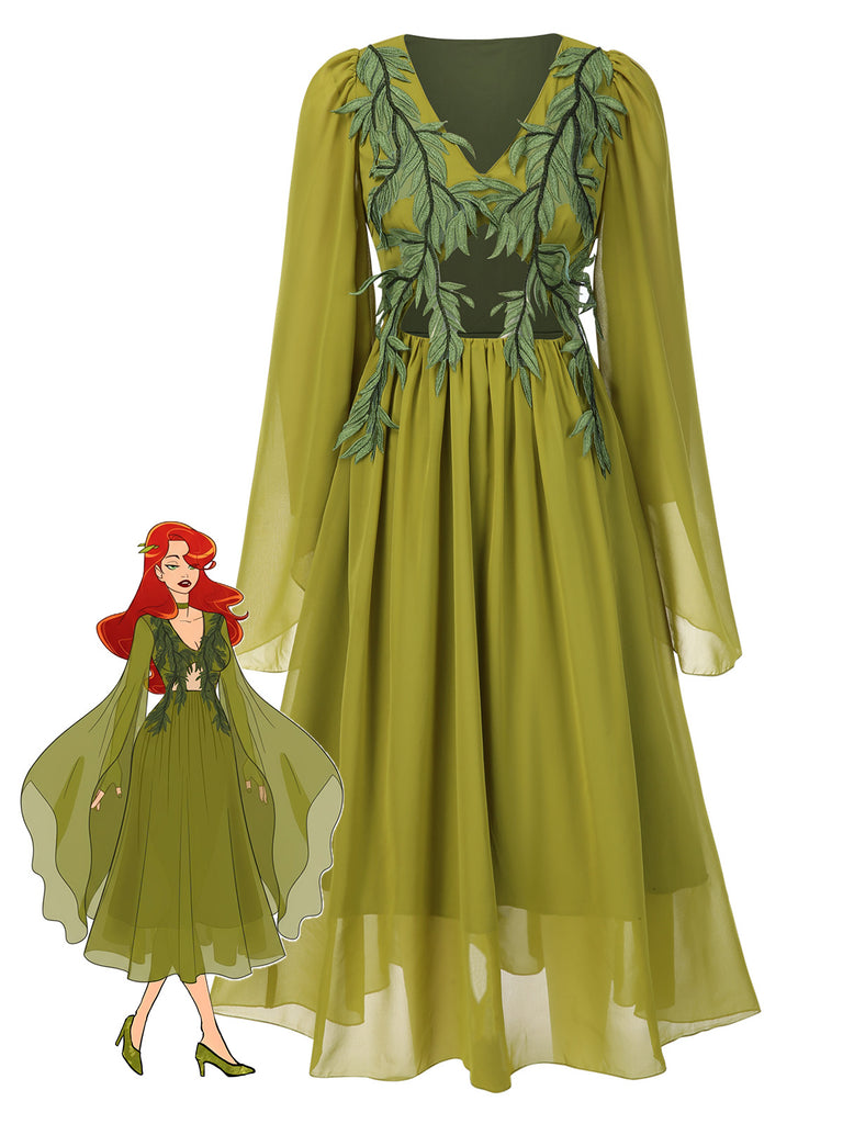 [Pre-Sale] Green Yellow 1970s Elf Fairy Embroidered Chiffon Dress