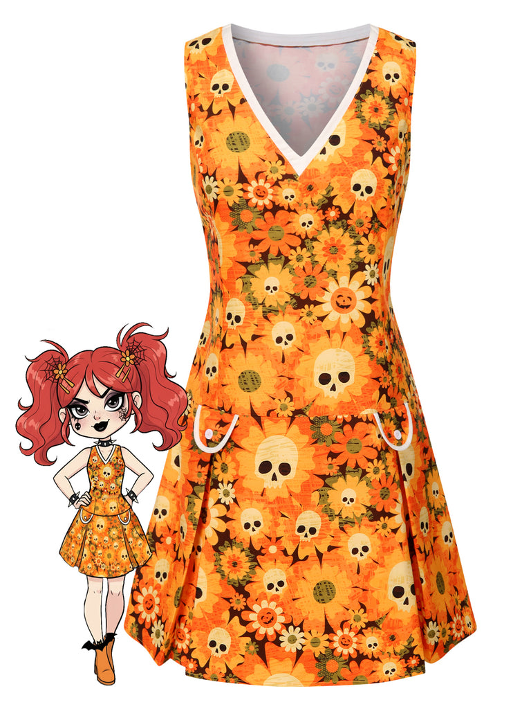 [Pre-Sale] Orange 1960s Halloween Skull Floral Print V-Neck Dress