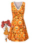Orange 1960s Halloween Skull Floral Print V-Neck Dress