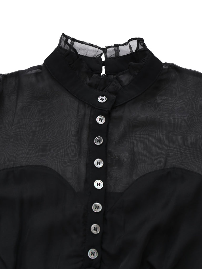 [Pre-Sale] Black 1950s Solid Sheer Sleeve Ruffled Collar Jumpsuit