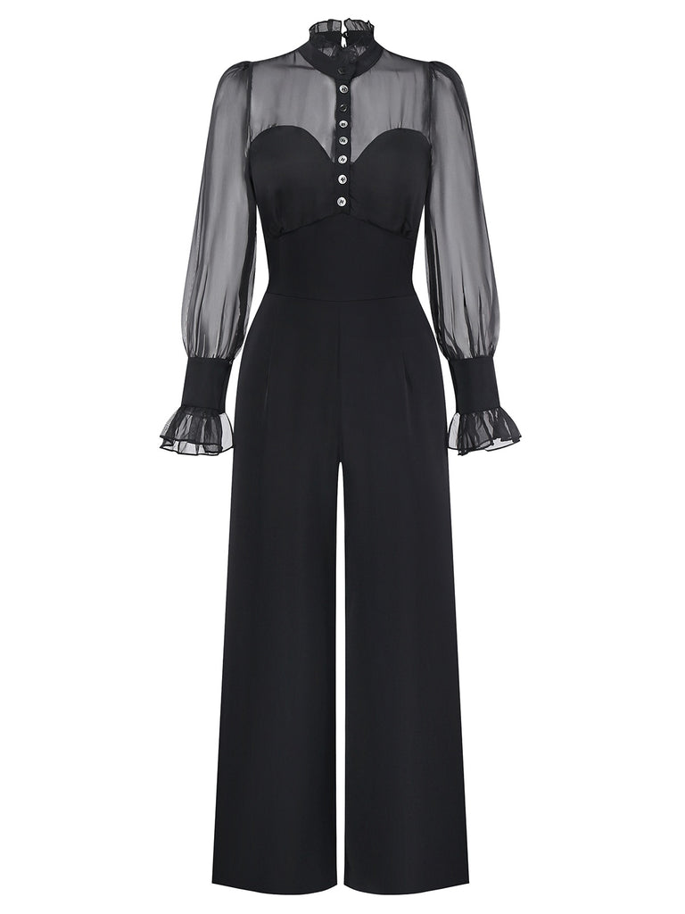 [Pre-Sale] Black 1950s Solid Sheer Sleeve Ruffled Collar Jumpsuit