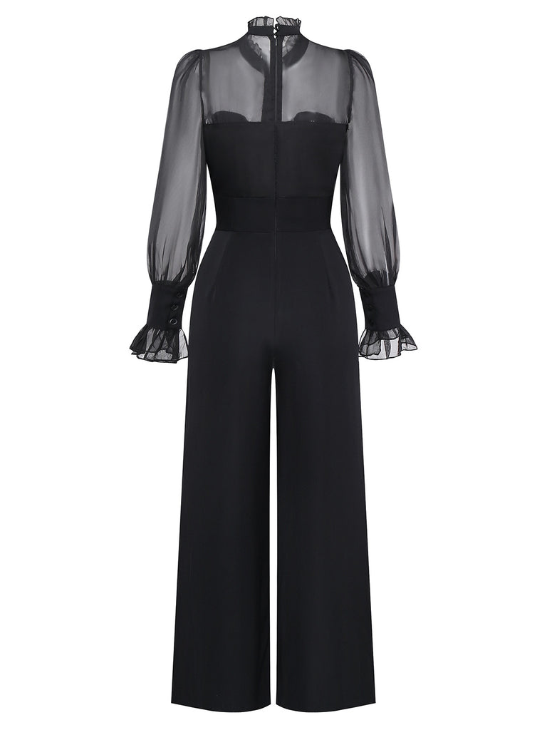 [Pre-Sale] Black 1950s Solid Sheer Sleeve Ruffled Collar Jumpsuit