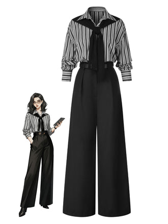 [Pre-Sale] Black 1940s Shirt Collar Stripe Jumpsuit With Cape