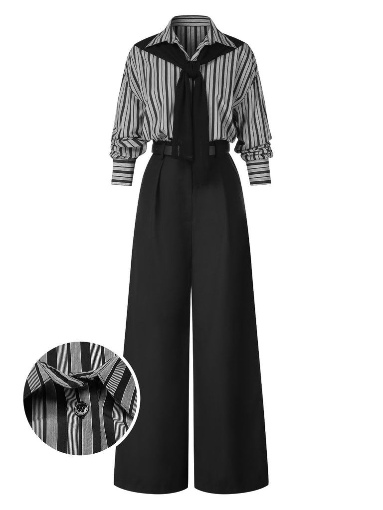 [Pre-Sale] Black 1940s Shirt Collar Stripe Jumpsuit With Cape
