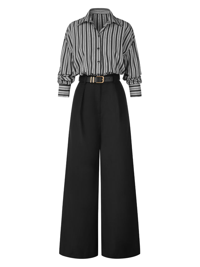 [Pre-Sale] Black 1940s Shirt Collar Stripe Jumpsuit With Cape