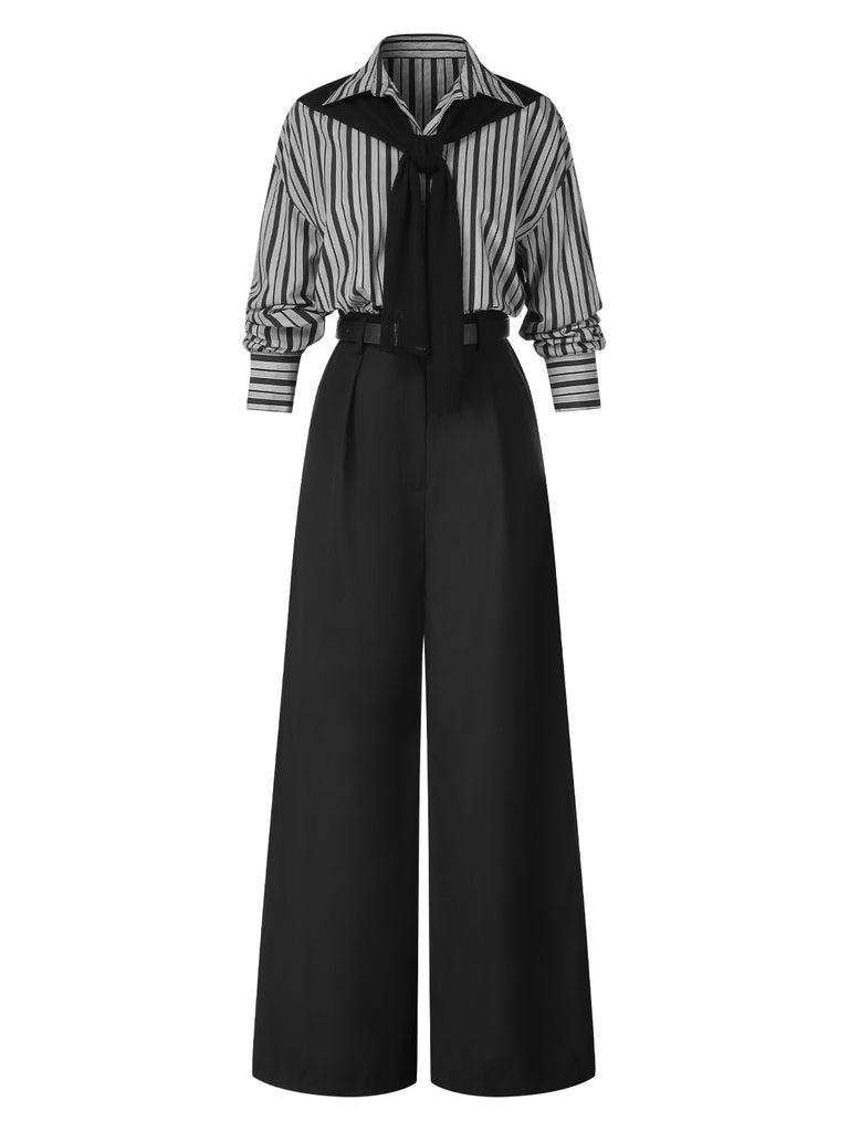 [Pre-Sale] Black 1940s Shirt Collar Stripe Jumpsuit With Cape