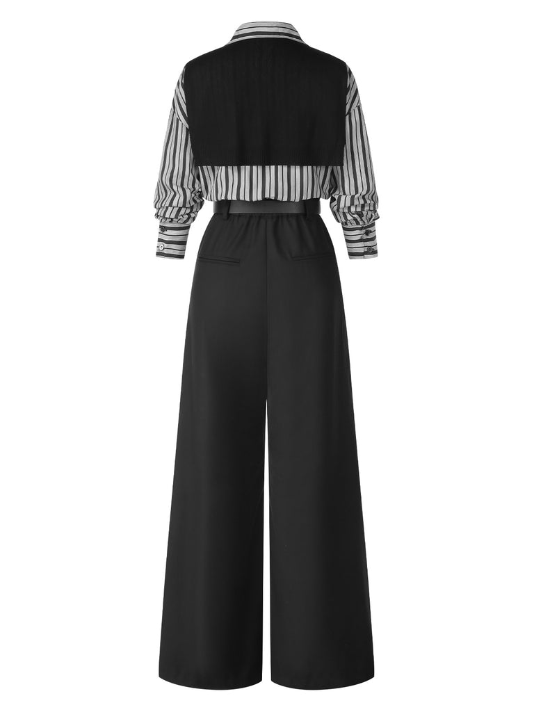 [Pre-Sale] Black 1940s Shirt Collar Stripe Jumpsuit With Cape