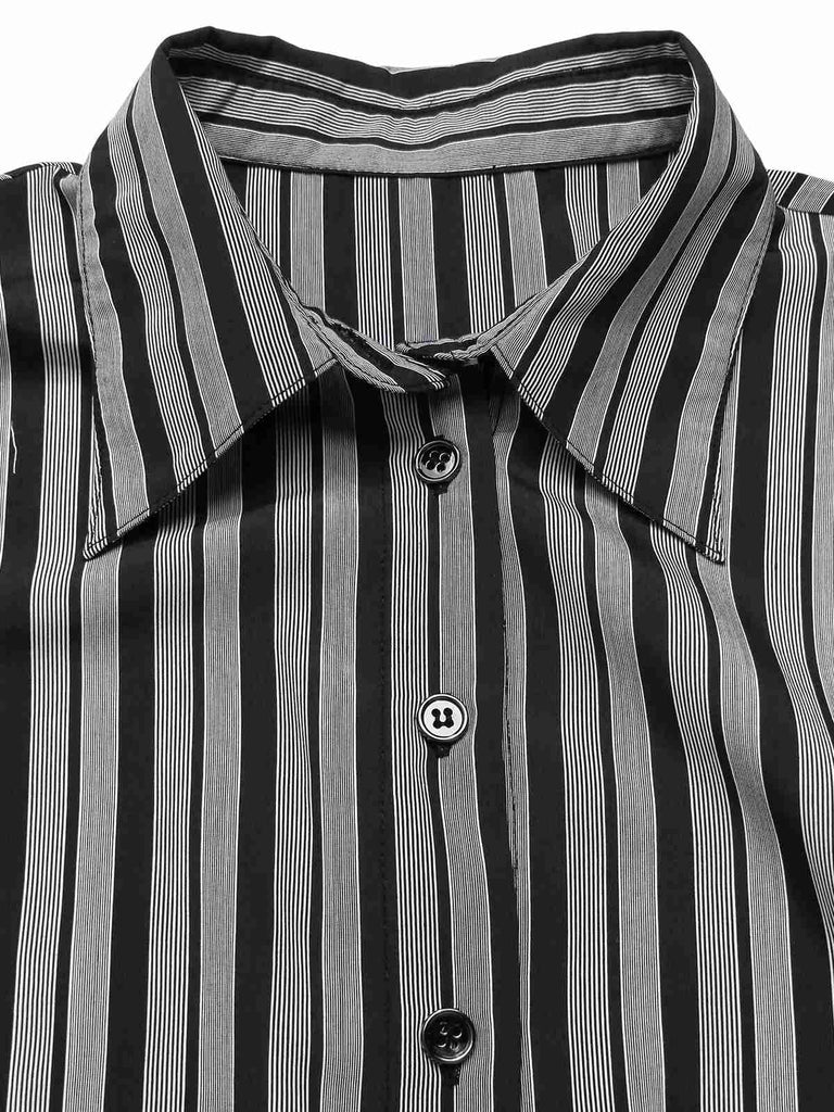 [Pre-Sale] Black 1940s Shirt Collar Stripe Jumpsuit With Cape