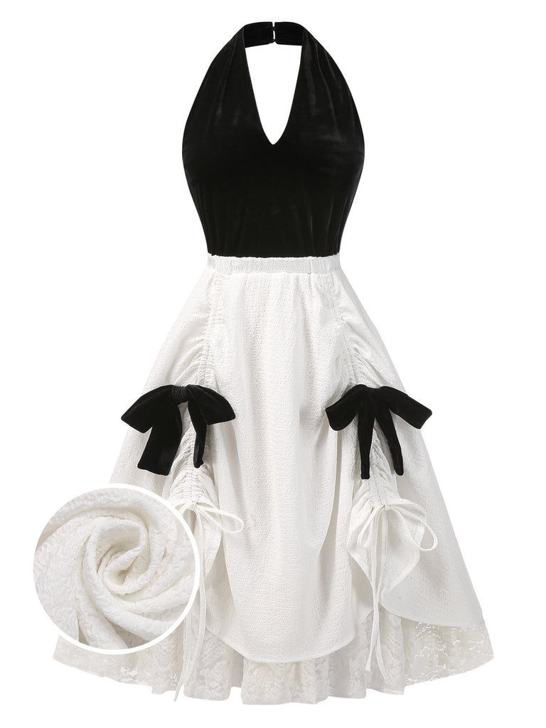 [Pre-Sale] White 1950s Velvet Lace Halter Bow Ruched Princess Dress