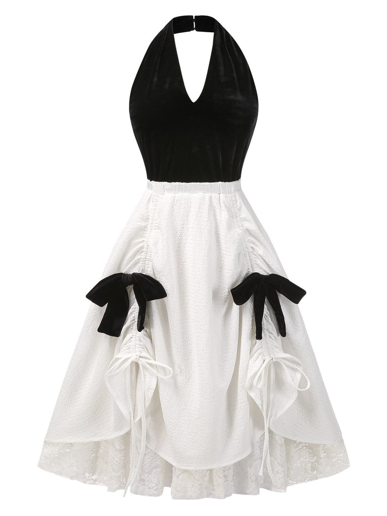 [Pre-Sale] White 1950s Velvet Lace Halter Bow Ruched Princess Dress