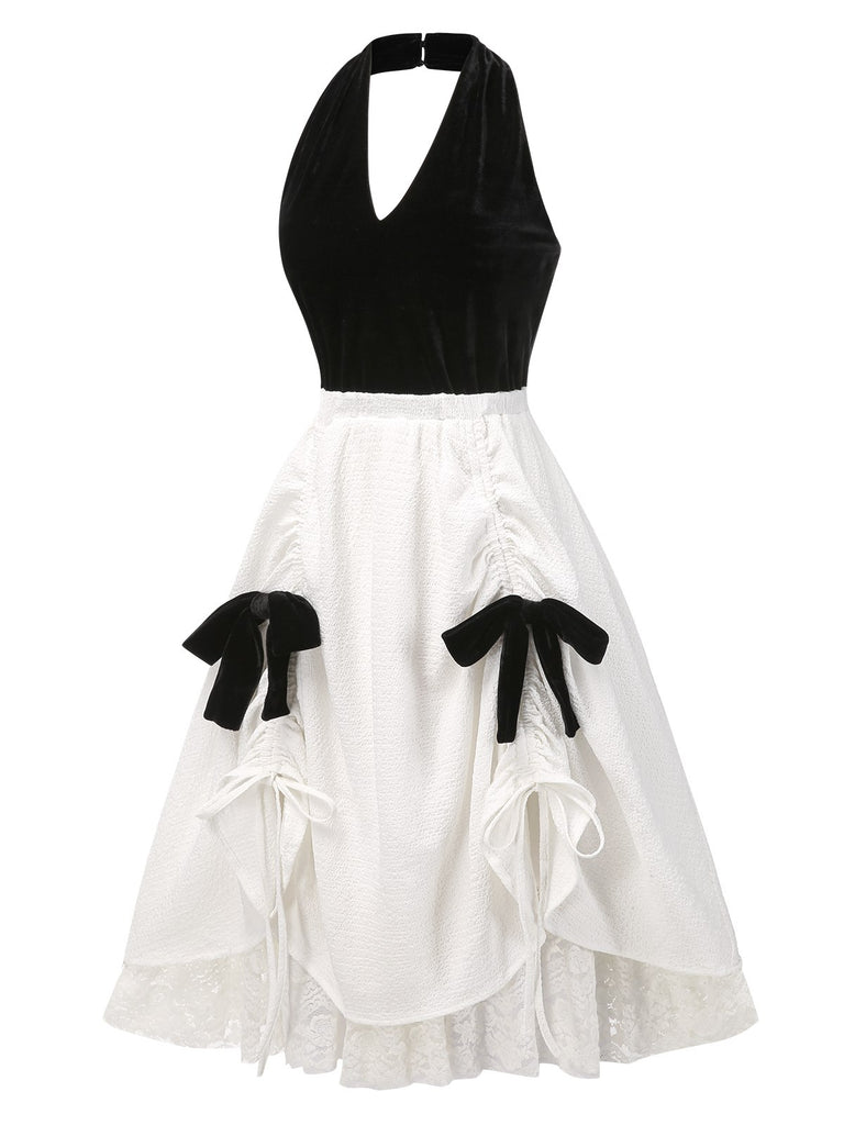 [Pre-Sale] White 1950s Velvet Lace Halter Bow Ruched Princess Dress