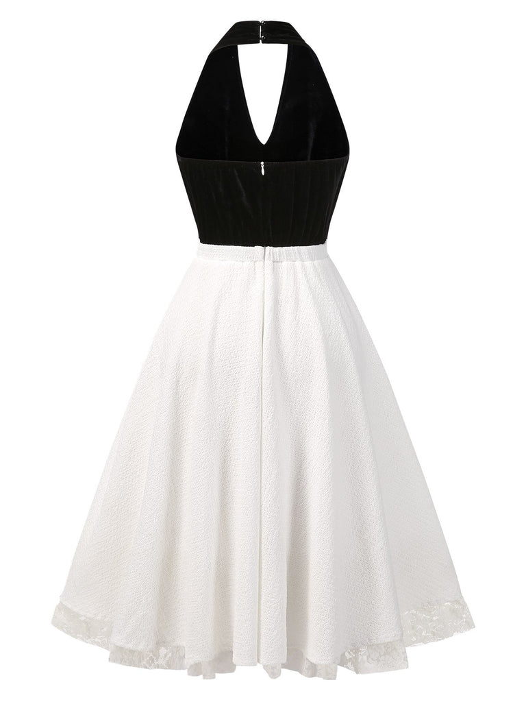 [Pre-Sale] White 1950s Velvet Lace Halter Bow Ruched Princess Dress