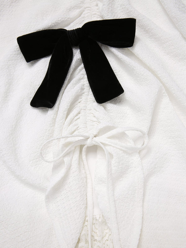 [Pre-Sale] White 1950s Velvet Lace Halter Bow Ruched Princess Dress