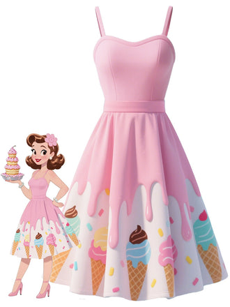 Pink 1950s Ice-Cream Sweetheart Neck Dress