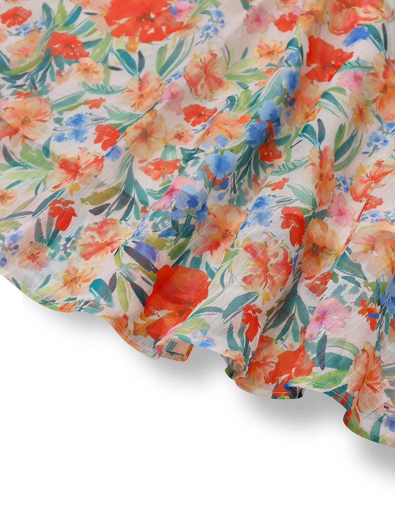 Multicolor 1950s Floral V-Neck Lantern Sleeve Belted Dress