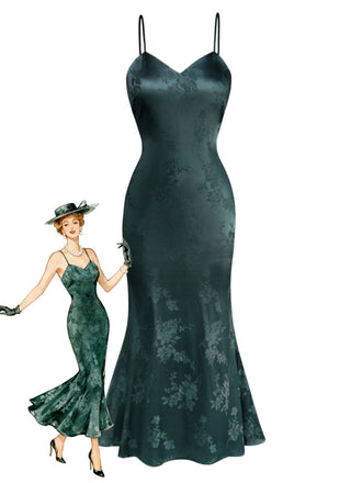 1930s Solid Satin Floral Jacquard Slip Mermaid Dress