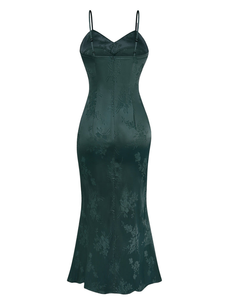 1930s Solid Satin Floral Jacquard Slip Mermaid Dress