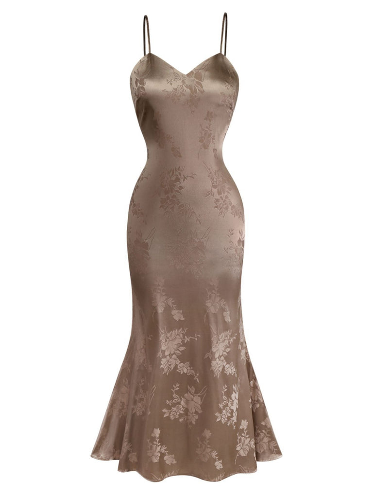 1930s Solid Satin Floral Jacquard Slip Mermaid Dress