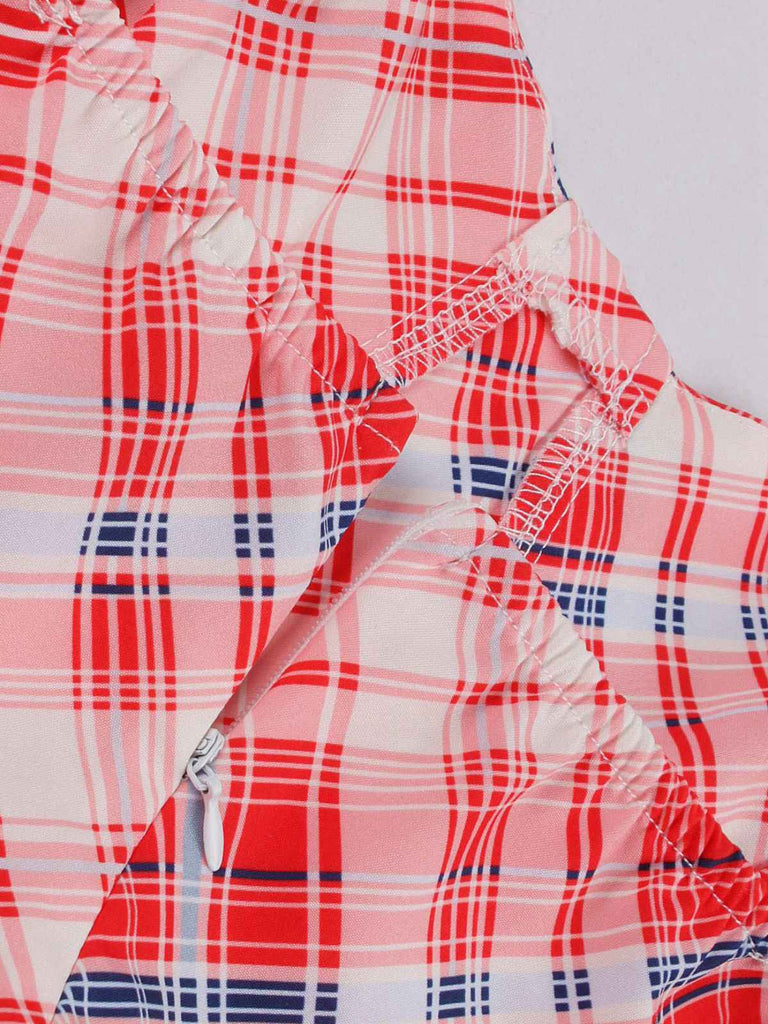 Red 1950s Spaghetti Straps Plaid Swing Dress