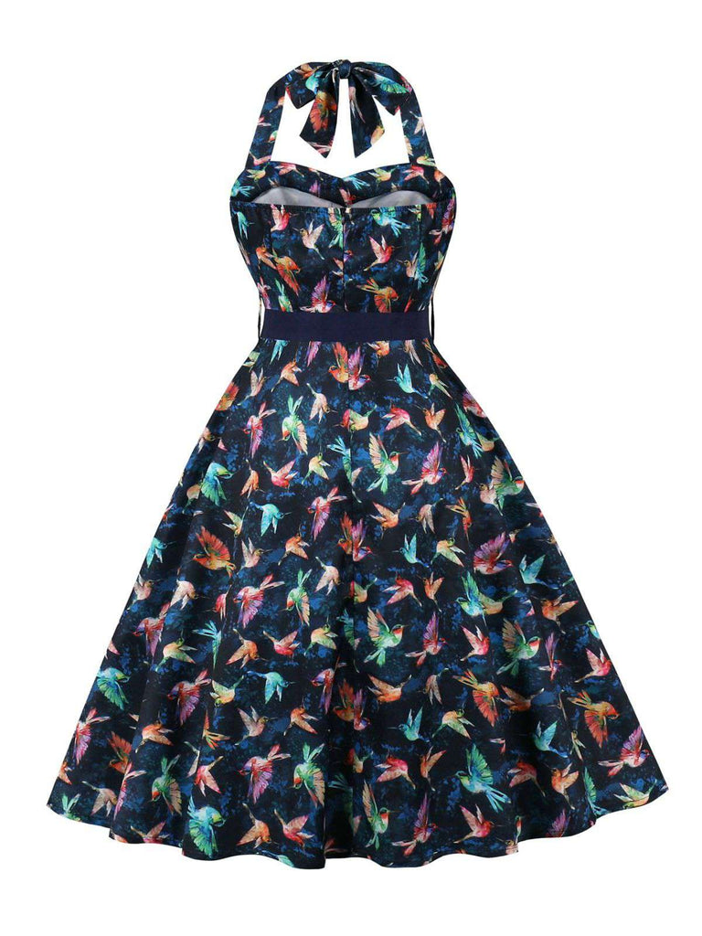 Multicolor 1950s Bird Halter Neck Belted Dress