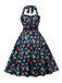 Multicolor 1950s Bird Halter Neck Belted Dress
