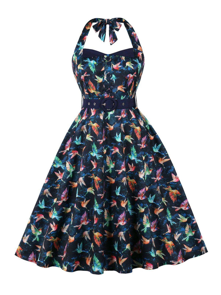Multicolor 1950s Bird Halter Neck Belted Dress