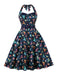 Multicolor 1950s Bird Halter Neck Belted Dress