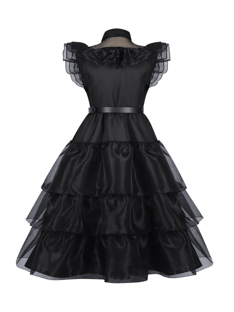 Black 1950s Halloween Organza Ruffled Lapel Dress
