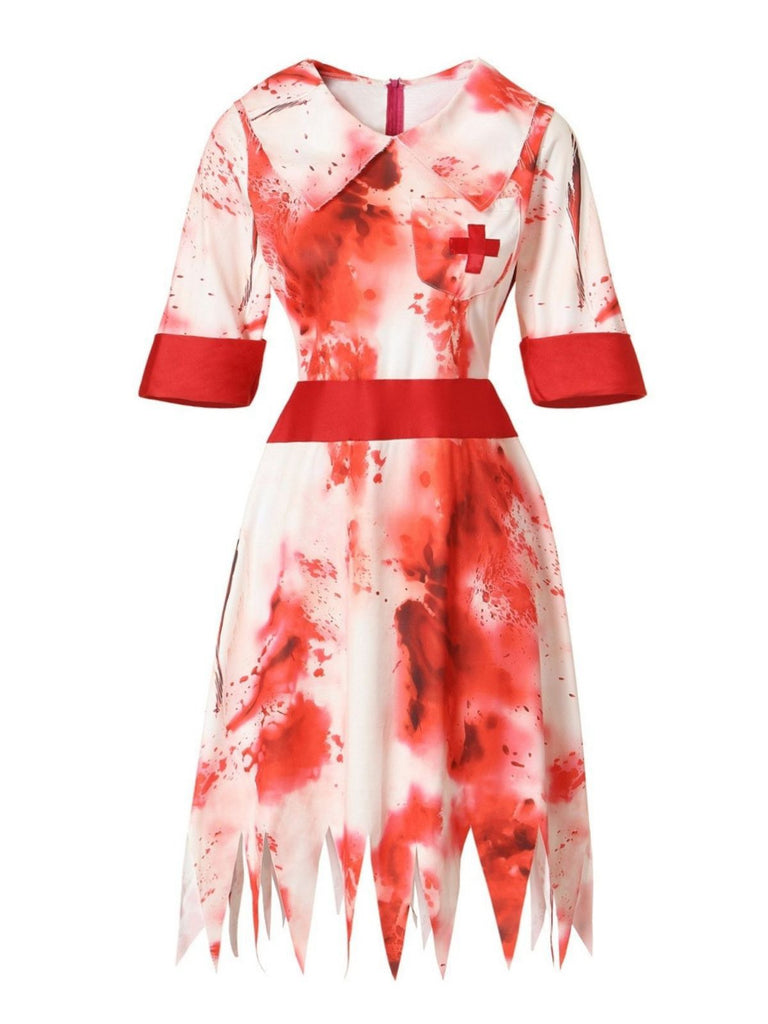 Red 1950s Halloween Zombie Nurse Blood Stains Dress