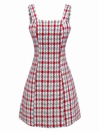 Red 1960s Plaid Tweed Vest Dress