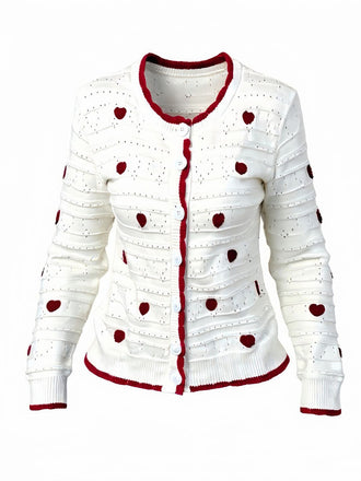 White 1950s Heart Contrast Knitted Cardigan