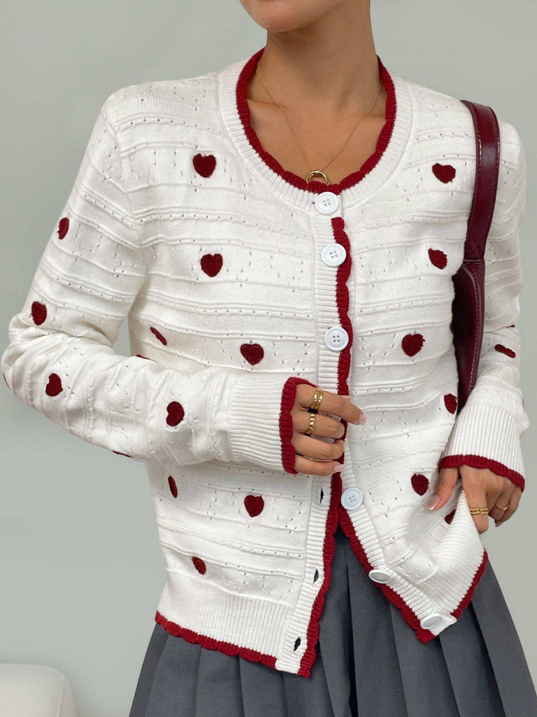 White 1950s Heart Contrast Knitted Cardigan