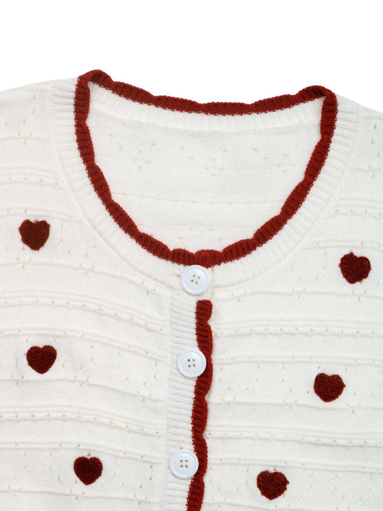 White 1950s Heart Contrast Knitted Cardigan
