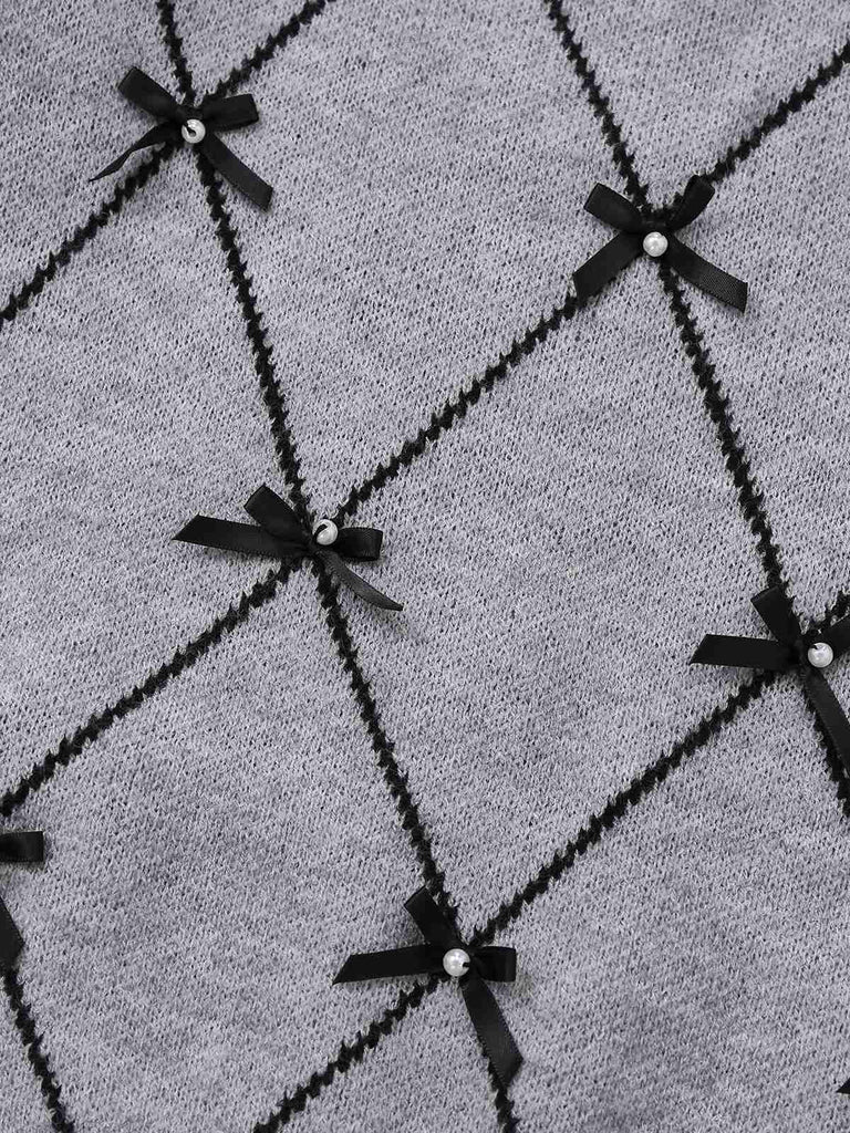 Grey 1950s Round Neck Bow Pullover Sweater