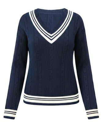 Blue 1950s Nautical Knit V-Neck Striped Sweater