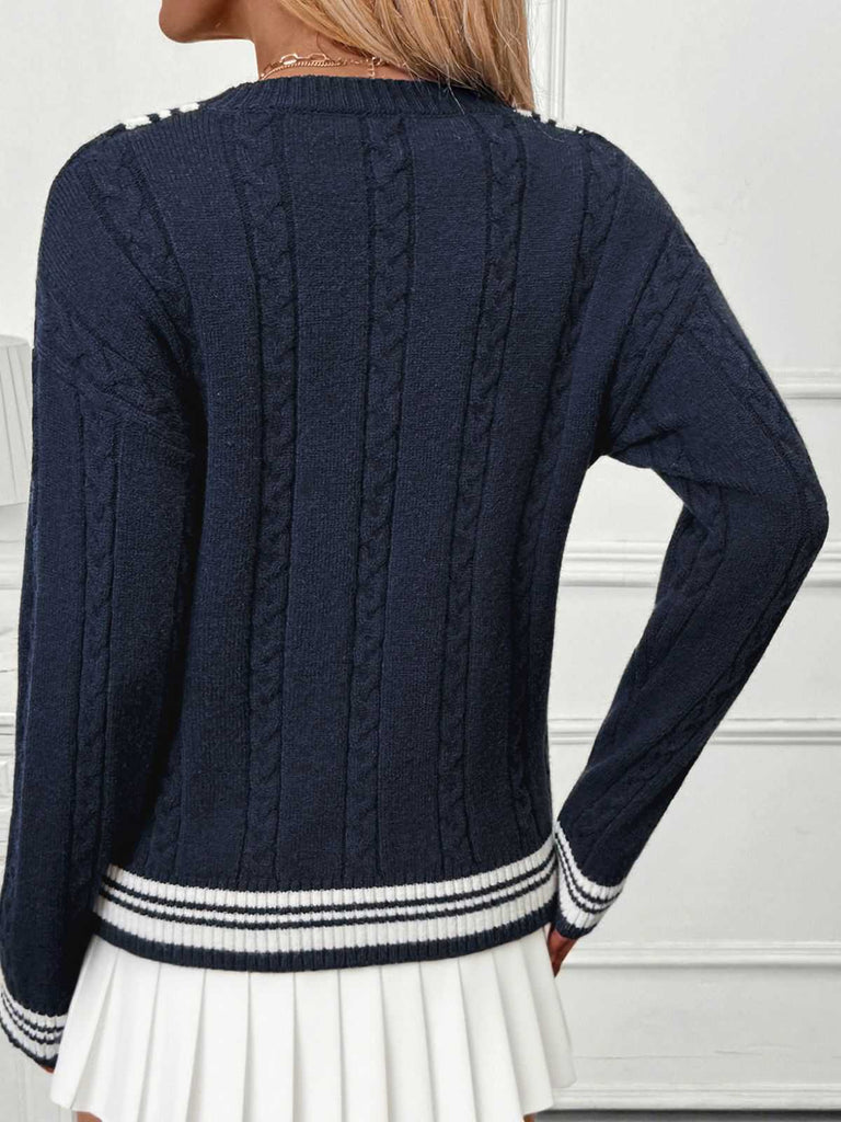 Blue 1950s Nautical Knit V-Neck Striped Sweater