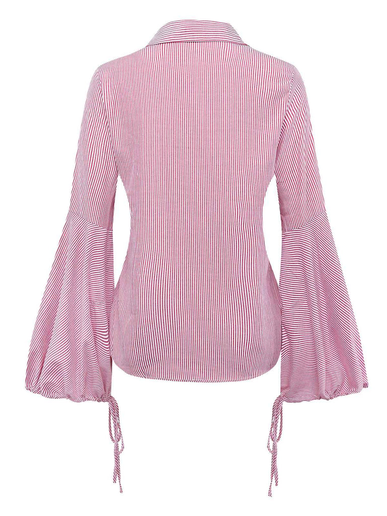 Pink 1950s Bell Sleeve Lace-Up Stripe Blouse