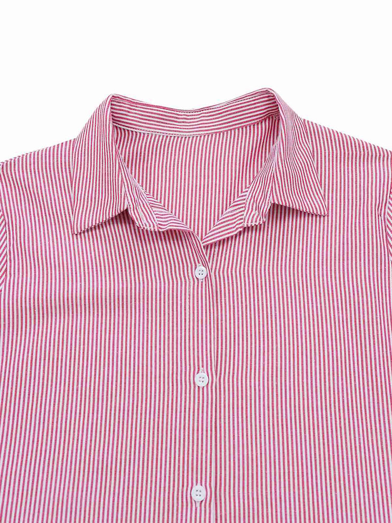 Pink 1950s Bell Sleeve Lace-Up Stripe Blouse