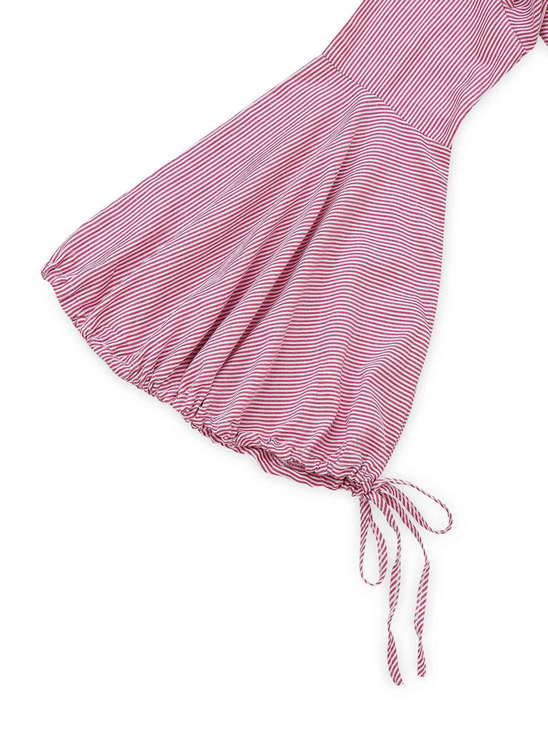 Pink 1950s Bell Sleeve Lace-Up Stripe Blouse
