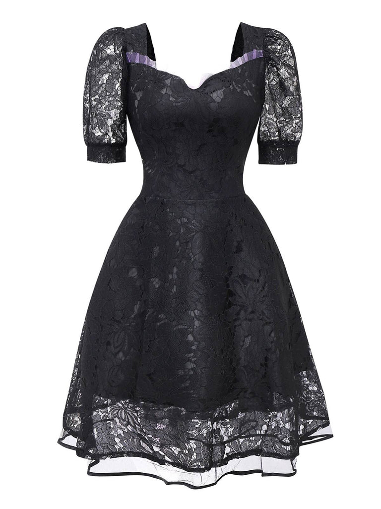 Black 1950s Gothic Witch Bride Lace Embroidered Dress
