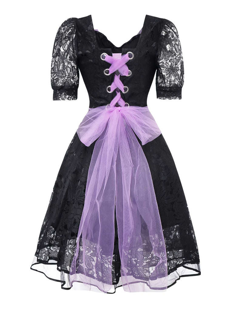 Black 1950s Gothic Witch Bride Lace Embroidered Dress